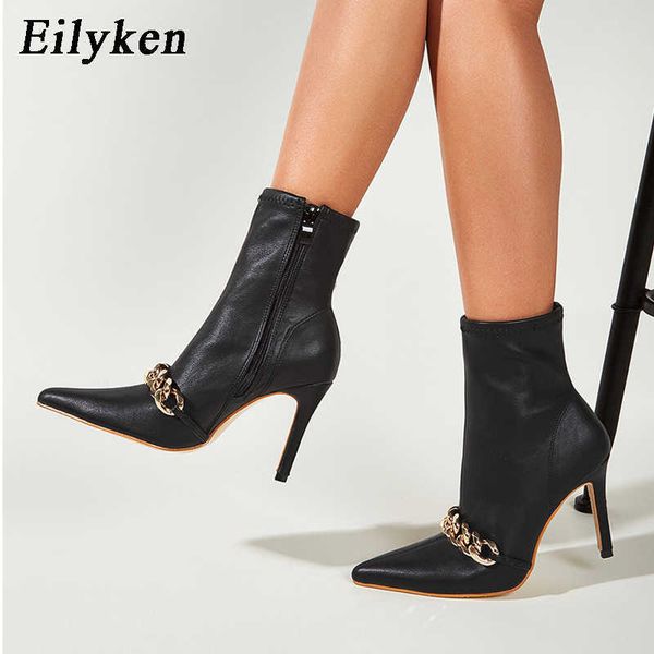 

eilyken black ankle zipper short boots women pointed toe metal chain decoration thin high heels autumn booties shoes 210911