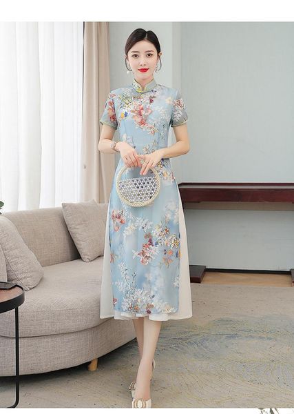 

ethnic clothing blue print floral qipao ao dai vietnamese women dress lady yai, Red