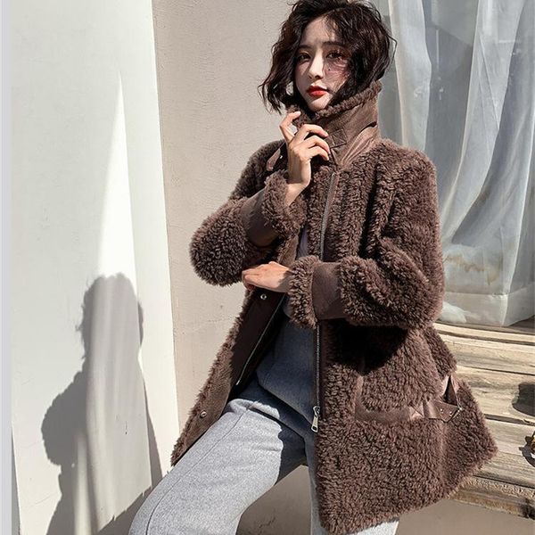 

women's wool & blends autumn / winter 2021 granular cashmere lamb fur coat middle long loose and thickened parka, Black