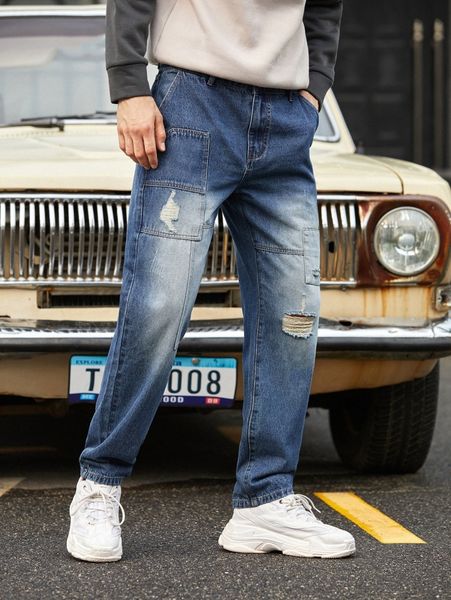 

men ripped straight leg jeans n37c#, Blue