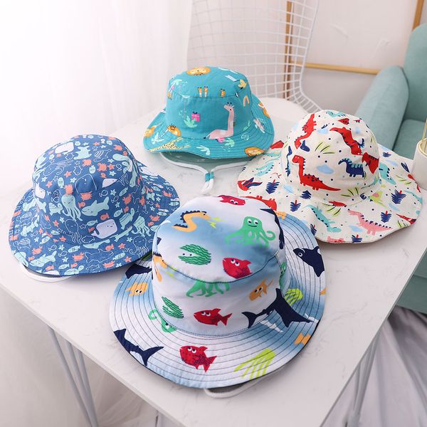 Primavera Estate Sottile Cartone Animato Stampa Dinosauro Cappello Secchiello Bambino Cappelli Pescatore Cotone Bambini Estate Bambino Ragazzi Ragazze Panama Cappellino Sole