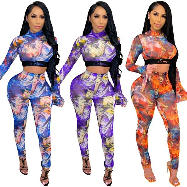 

cutubly two piece set digital mesh printing trumpet sleeve outfit set autumn winter new women's short pencil pants, White