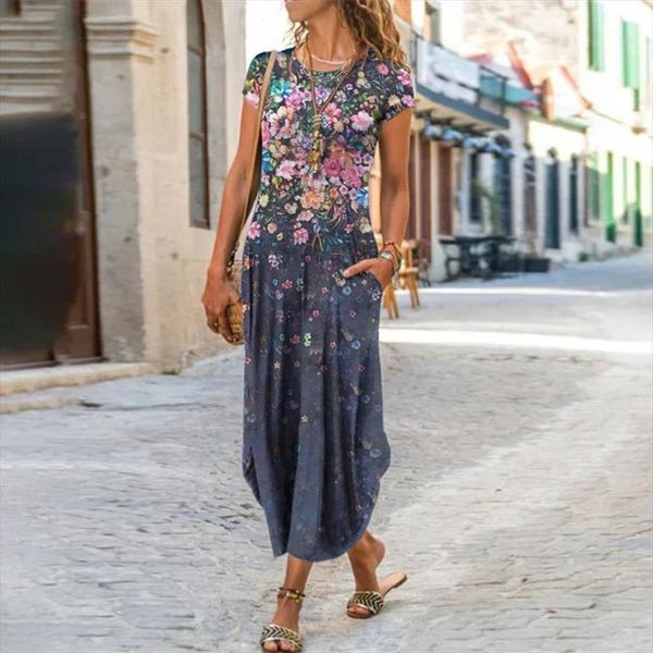 

3xl plus size floral womens dresses print short sleeve summer bohemian long lady casual loose o neck slim sundress vestidos, Black;gray