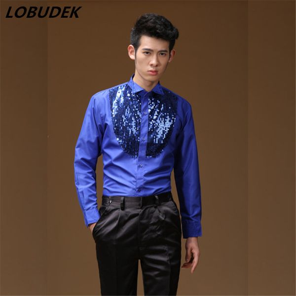 

male sequin casual shirt formal evening party prom fashion singer dancer show print shirts stage bar wedding, Black;red