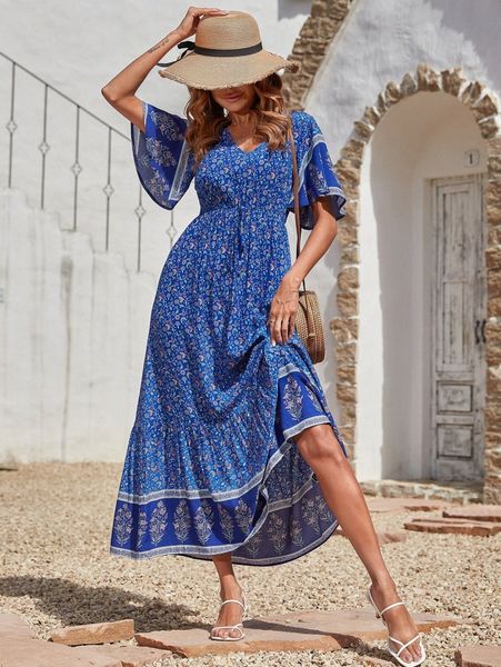 

ditsy floral flutter sleeve ruffle hem dress i6eb#, Black;gray