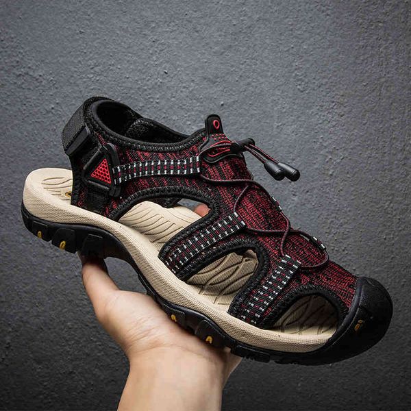 

slippers large size men's shoes korean breathable casual summer trend woven hollow baotou beach crql, Black