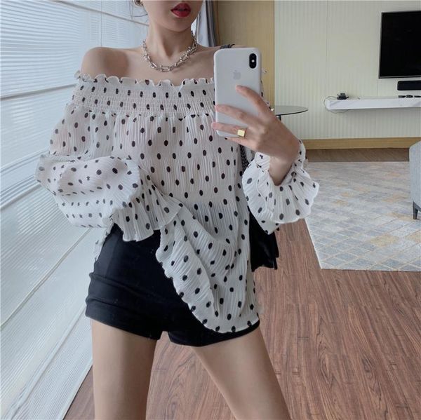 

women's blouses & shirts polka dot off-shoulder chiffon shirt thin 2021 summer loose bell sleeve slimming fashion casual women 's, White