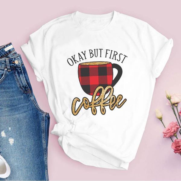 

tees for women print plaid coffee fashion trend 90s holiday christmas clothes female tshirt lady clothing graphic t-shirt, White