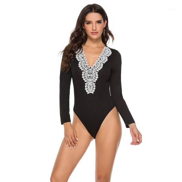 

women's jumpsuits & rompers womens fashion lace deep v neck long sleeve jumpsuit round sleeves short style blouse and, Black;white