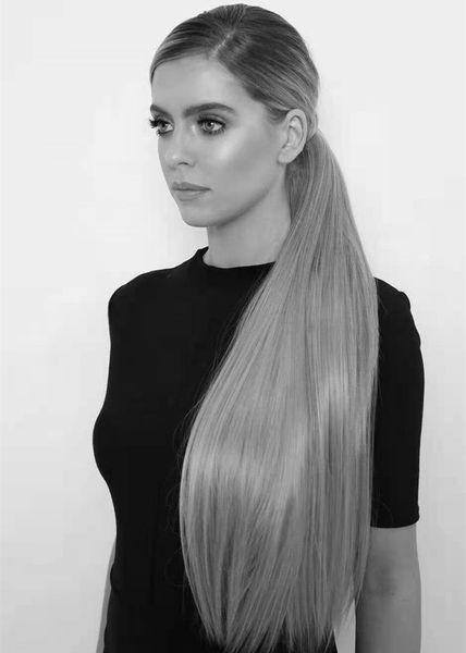 

human hair ponytail straight malaysian virgin grey hair ponytail with clips in for women adjustable pony tails hair extensions, Black