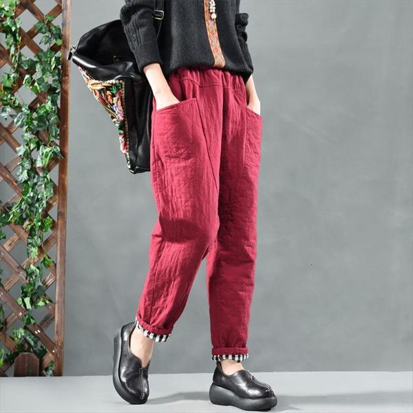 

autumn winter arts style womens capri elastic waist loose cotton linen harem pants quilted big pocket vintage s404, Black;white