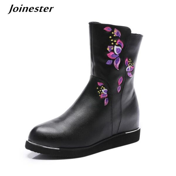 

boots ethnic embroidered for women pu leather ankle booties side zipper short boot height increased ladies winter shoes, Black