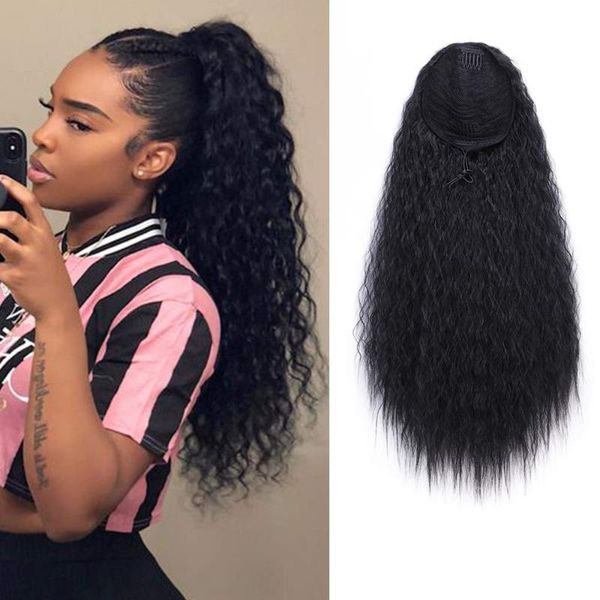 

synthetic wigs 22/26inch drawstring ponytail long curly wavy fake wig hairpiece for women clip in hair, Black