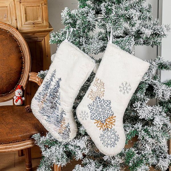 

Christmas Decorations Snowflakes Embroidered White Plush Stockings Candy Socks Gifts Bag With Hanging Loops Xmas