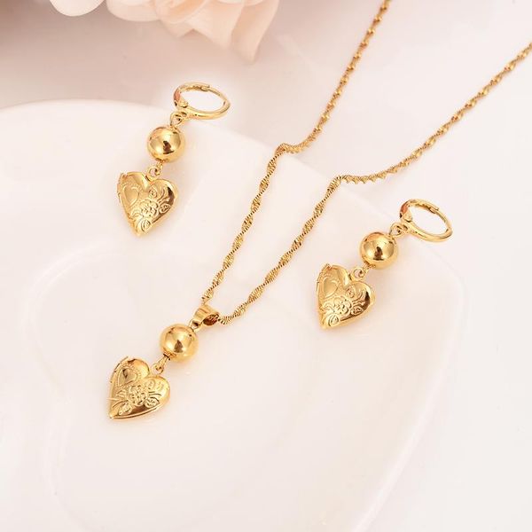 

wedding jewelry sets african set heart mini frame pendant necklace/earrings gold color dubai sudan girls bridal party gift for women, Slivery;golden