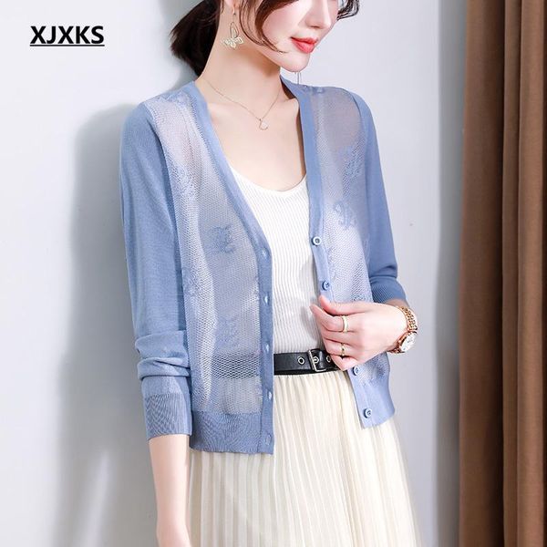 

women's knits & tees xjxks 2021 summer women sun protection clothing fashion hollow high-quality comfortable spring autumn thin cardiga, White