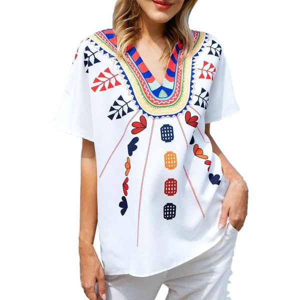 

women's t-shirt 2021 fashion women elegant tee female casual temperament v-neck ethnic print short-sleeved, White