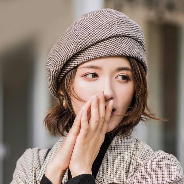 

beanies canze women autumn winter beret british retro art painter houndstooth hat