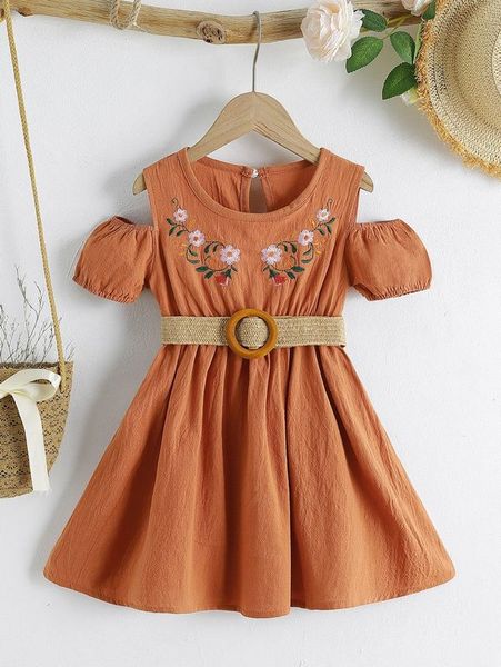 

toddler girls floral embroidery cold shoulder belted dress she, Red;yellow