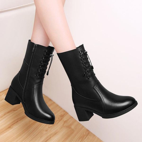 

boots soft genuine cow leather lace up women motorcycle fashion mid calf botas woman black coffee winter high heels shoes n0039