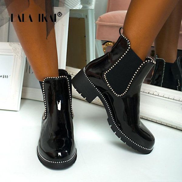 

boots lala ikai women autumn winter 2021 rhinestone ankle high heels short booties fashion zapatos de mujer large size, Black