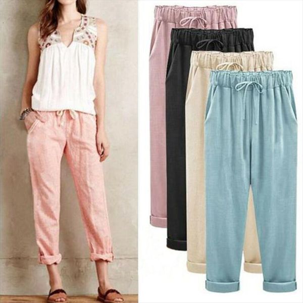 

elastic high waist cotton linen womens capris baggy harem trousers casual plus size  6xl, Black;white