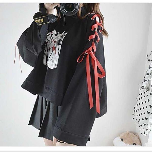 

japanese lolita sweatshirt women vintage harajuku anime fox print lace-up long sleeve hoodie shirts dark girl punk street, Black