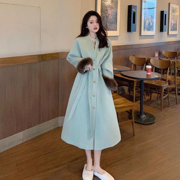 

women's wool & blends autumn and winter women woollen overcoat french woolen cuff medium length little chap temperament elegant romanti, Black