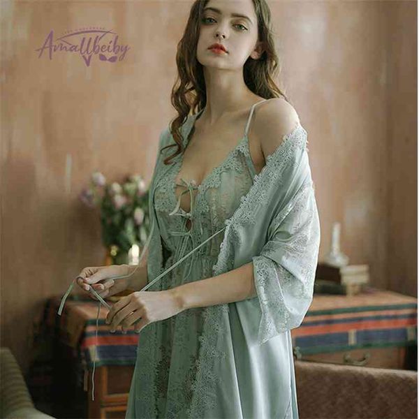 Elegante Feminino Sexy Lace Noiva Bathrobe Morning Robe Vestido Roupas Domésticas Vestidos Hollow Dress Vestidos Com Waistband Robes Franceses 210901