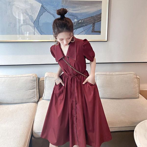

casual dresses elegant loose women summer 2021 korean style turndown collar puff sleeve a-line midi dress female vestidos, Black;gray