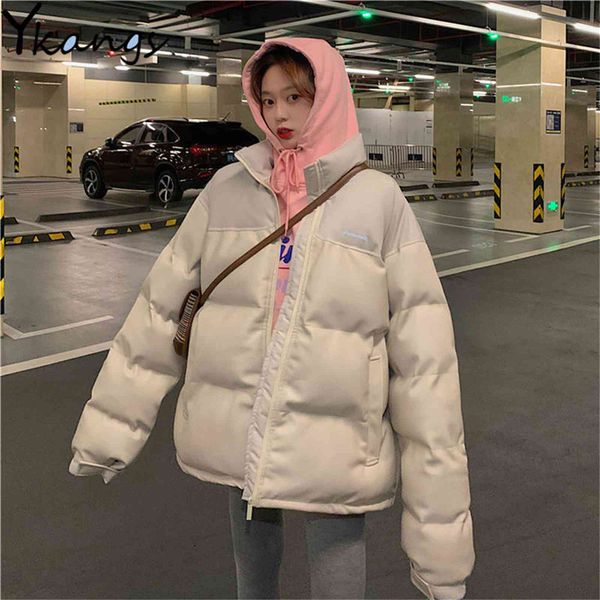 

solid pu leather parkas women white fashion coats female loose casual thick warm cotton jackets korean style ladies student 210619, Black
