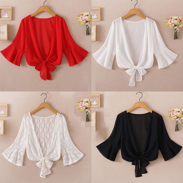 

summer blouses for women 2021 woman v neck tie waist blouse shirt chiffon black ruffle lace beach blouse cover up, White