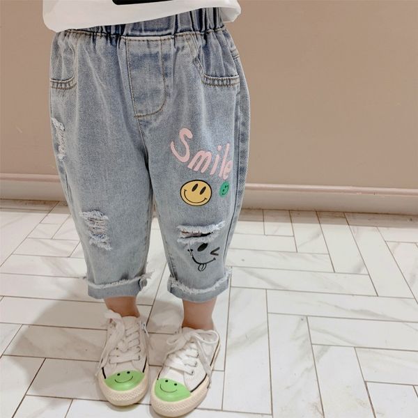 

2021 new fashion summer autumn children clothes boys girls jeans broken hole big smile ripped denim pants cute baby trousers v47k, Blue