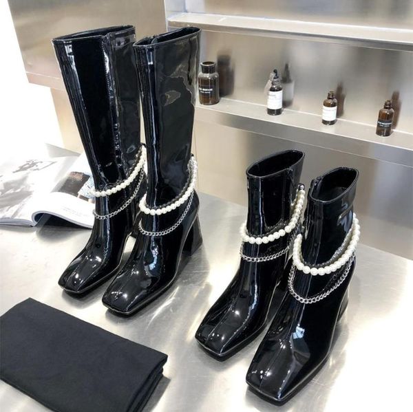 

boots decorative pearl chain black square side zipper high heel thigh-high woman