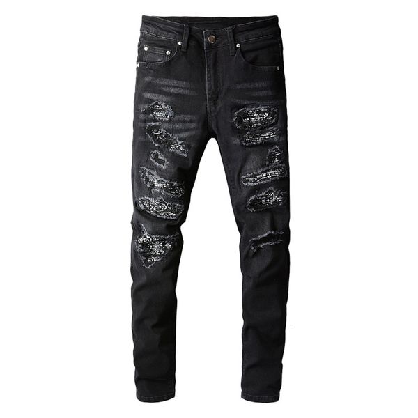 

fashion jeans men's bandanna paisley printed patchwork stretch streetwear black denim pencil pants slim skinny ripped trousers, Blue