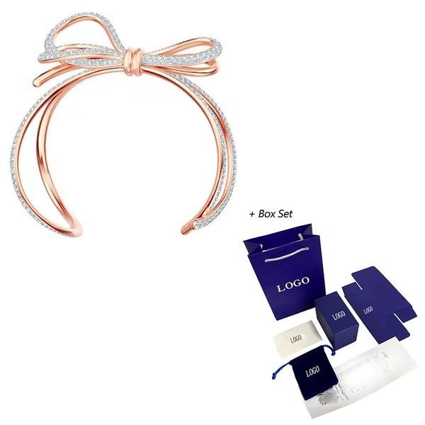 

bangle large bow decoration shiny crystal rose gold open bracelet ladies birthday romantic jewelry gift, Black