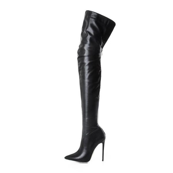 

patent leather woman boots back zipper overknee boots 2021 sharp heel shoe 48, Black