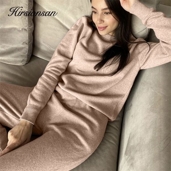 

hirsionsan basic two piece knitted loose pants and o neck sweater women autumn winter warm sets female tracksuits pullovers 220315, White