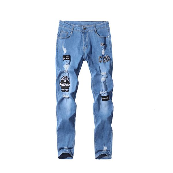 

men stretch ny motorcycle with border work print destroyed ripped slim denim bekrast jeans blue