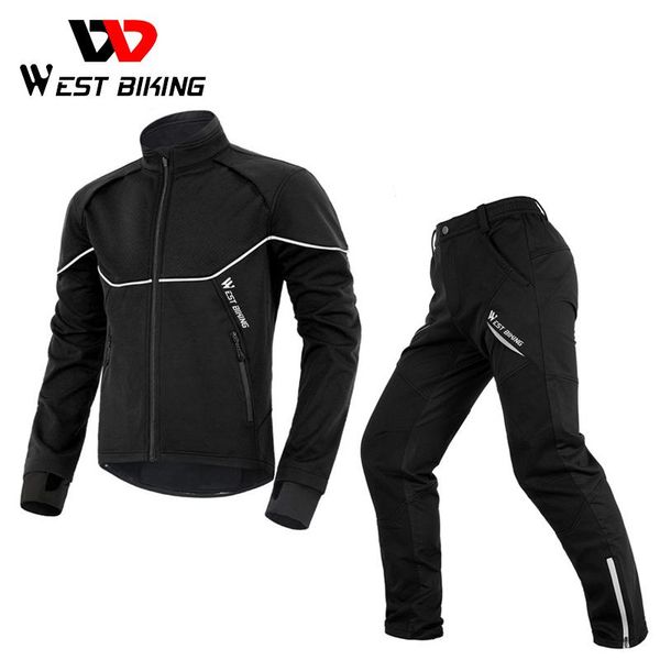 

racing sets west biking winter thermal cycling suit men women windproof bike jersey running ski snowboard jacket coat pants m-3xl sportswear, Black;blue