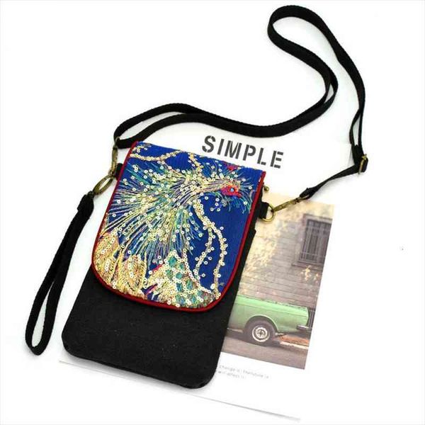

china embroidered small bag female sequins mini canvas portable diagonal large screen mobile for phone bags, Red;black