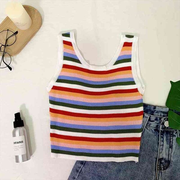 

striped knitted crop womens tanks cotton femme spaghetti summer, White
