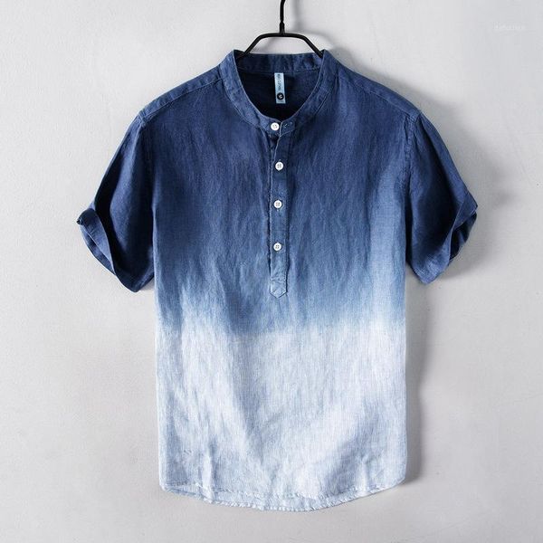 

men's casual shirts retro short sleeve gradient linen shirt fashion dyed blue color slim fit pure clothing for pullover, White;black
