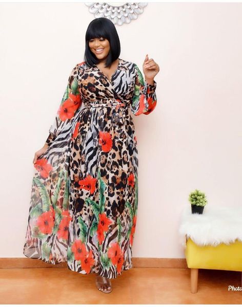 

casual dresses for women africa clothing women's 2021 cross v-neck leopard print pleated long sleeve and type chiffon dress belted, Black;gray