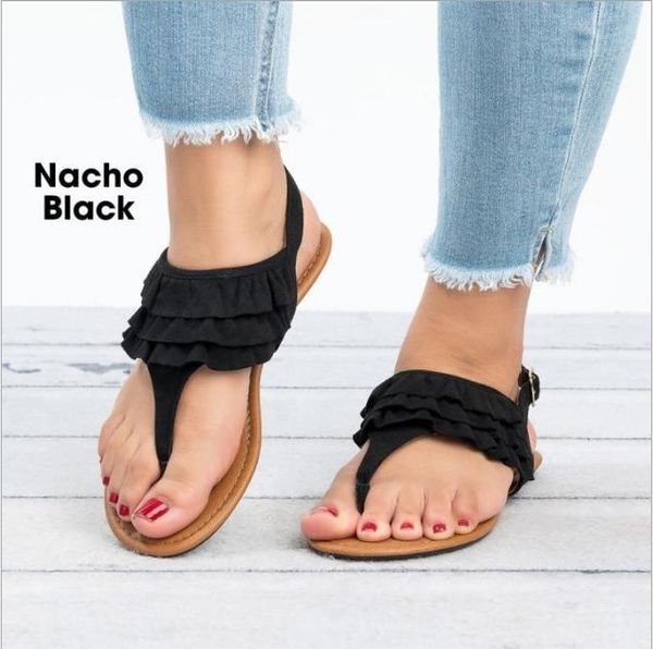 

sandals summer style ruffled toe women's shoes large size flat bottom, Black