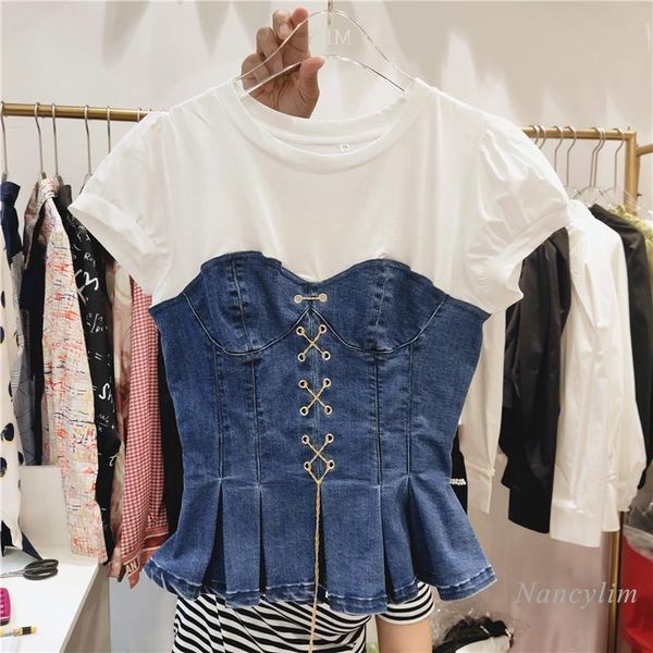 

women's t-shirt denim patch white t shirt women slim fit chain strap short sleeve pleated t-shirts ladies summer 2021 nancylim