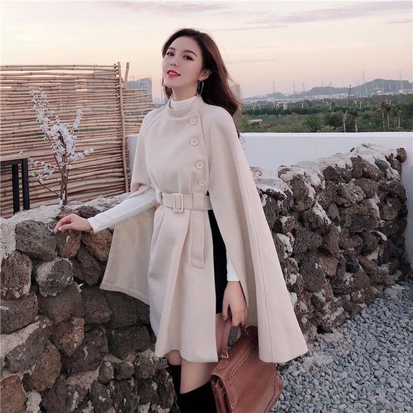 

women's wool & blends korean style solid color loose cape coat collect waist woolen medium long women winter for woman, Black