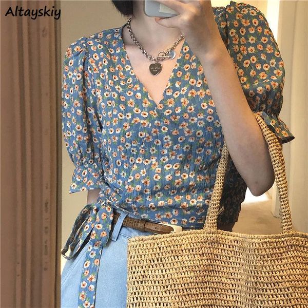 

women's blouses & shirts women side-bow chic design feminine v-neck summer retro casual crops floral pattern harajuku soft chiffon hips, White