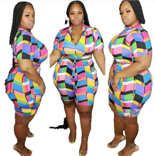 

women's tracksuits colorful plaid printing women plus size two pieces sets high waist skinny shorts v-neck short sleeve t-shirts outfit, Gray