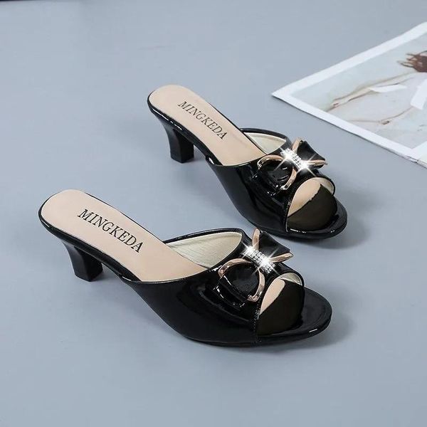 

slippers elegant non-slip luxury sandals outside light office shoes black butterfly-knot rhinestone peep-toe square heel women